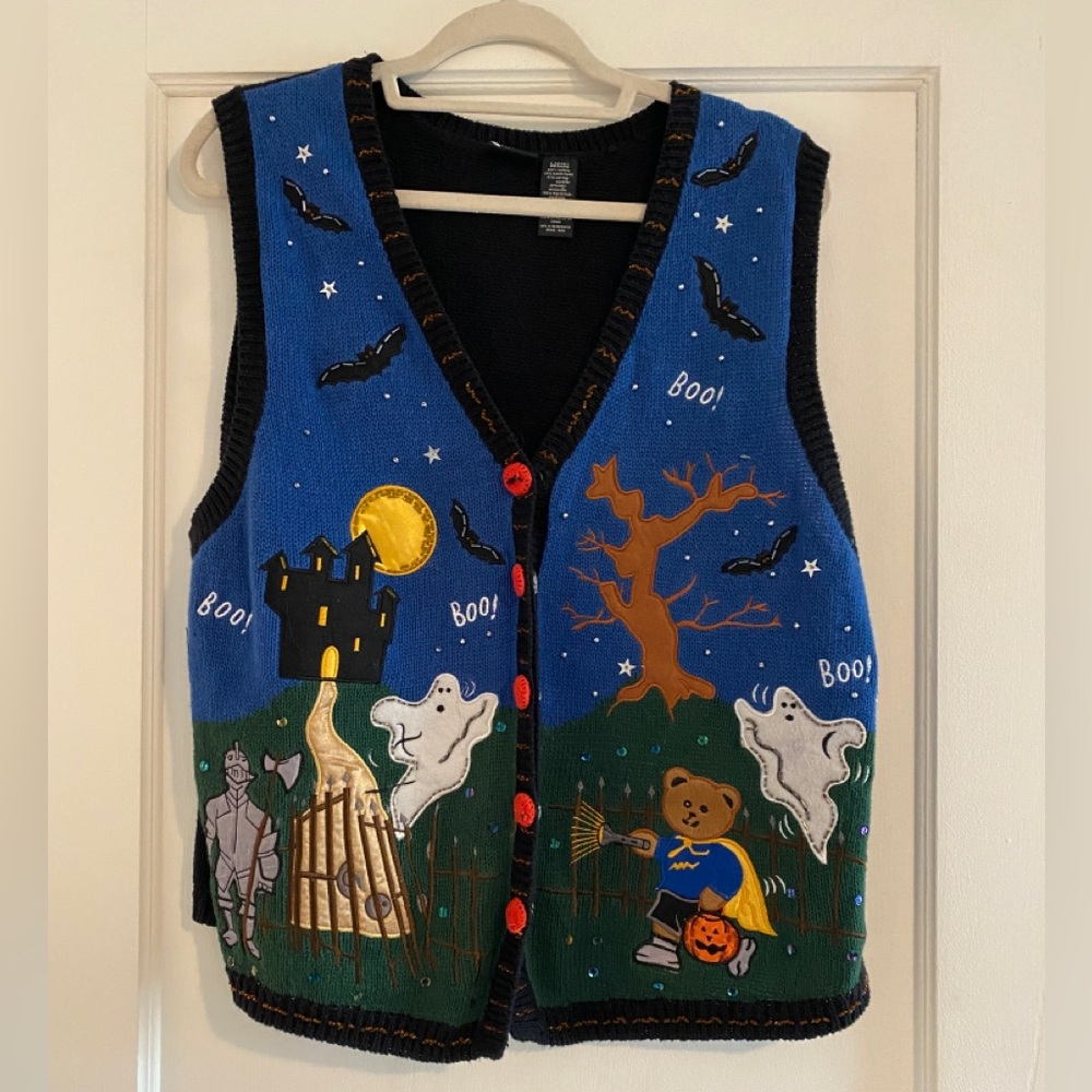 Vintage Holiday Editions Halloween Ghost Bats Sweater Vest Blue Large